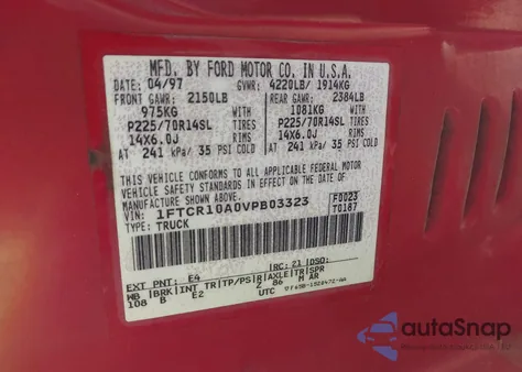 1997 Ford Ranger Splash/Xl/Xlt из США, поврежденный, VIN 1FTCR10A0VPB03323